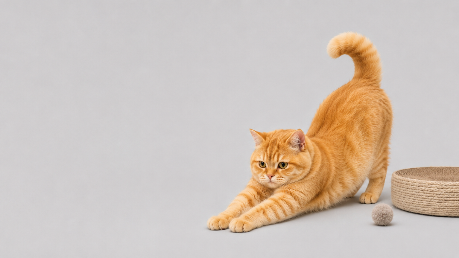 橘猫在浅灰色背景前伸懒腰