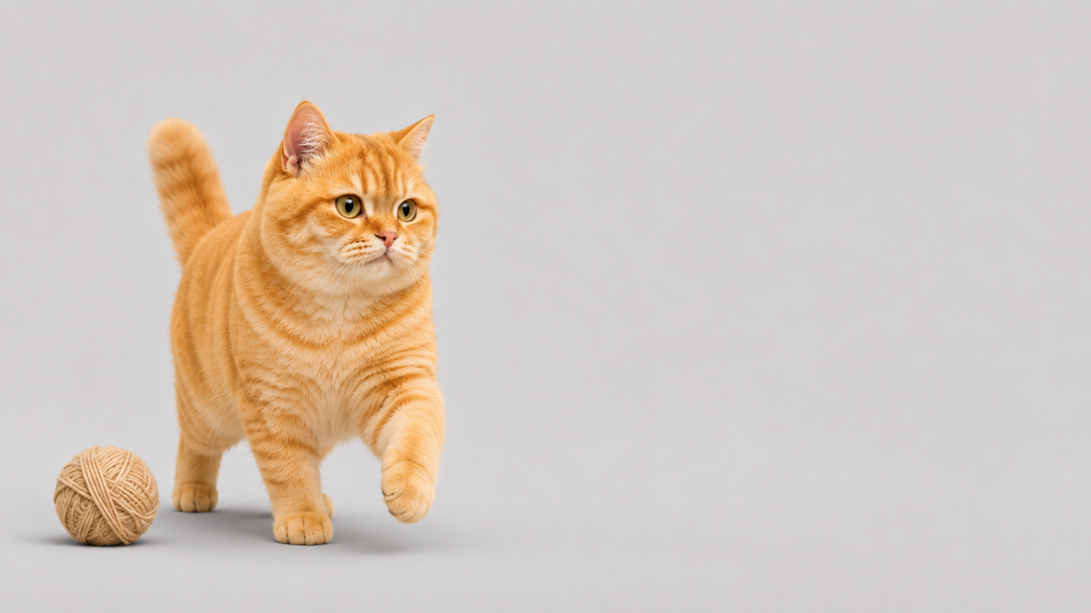 橘猫站在空白背景前，旁边有毛线球
